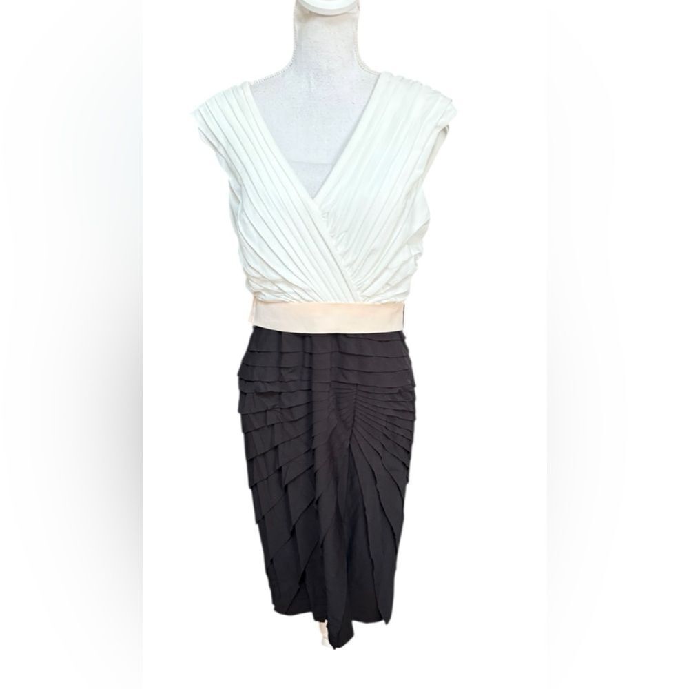 Tadashi Shoji Ivory Black Sleeveless Pleated Sheath Dress Size 14 Cocktail NWT